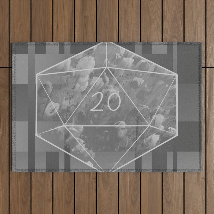 "May all your rolls be crits" floral d20 pattern Outdoor Rug