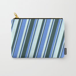 [ Thumbnail: Cornflower Blue, Light Cyan, and Dark Slate Gray Colored Pattern of Stripes Carry-All Pouch ]