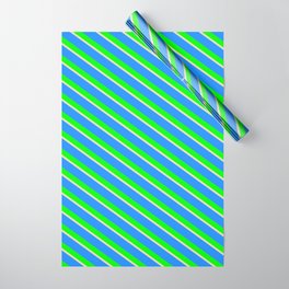 [ Thumbnail: Blue, Lime, and Tan Colored Pattern of Stripes Wrapping Paper ]