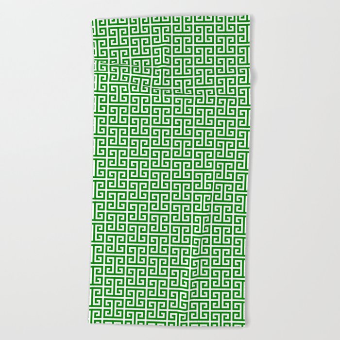 Green and White Greek Key Pattern Beach Towel