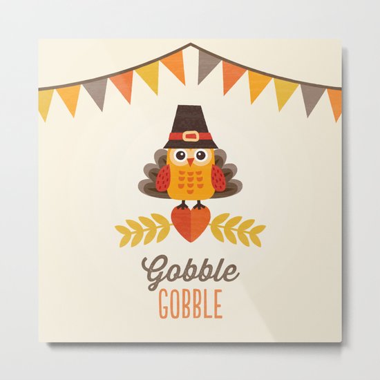 THANKSGIVING OWL IN TURKEY COSTUME AND PILGRIM HAT Metal Print