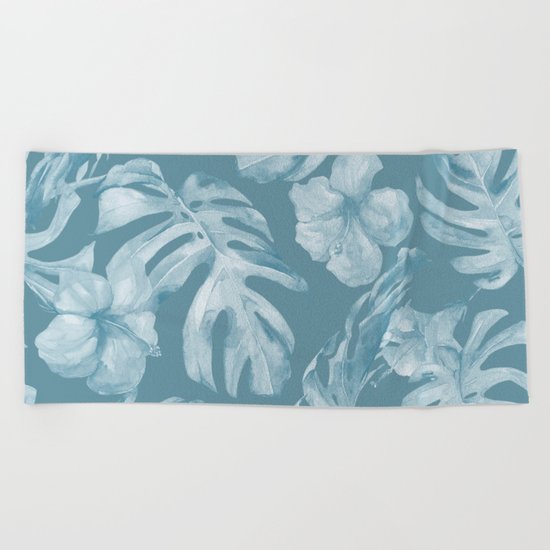 Tropical Escape Teal Blue Leaves + Hibiscus Beach Towel