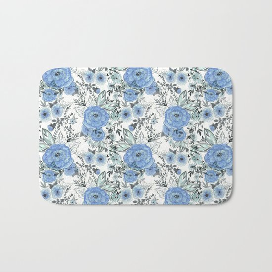 Watercolor . Sky-blue flowers . Bath Mat