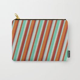 [ Thumbnail: Aquamarine, Light Grey, Chocolate & Brown Colored Striped/Lined Pattern Carry-All Pouch ]