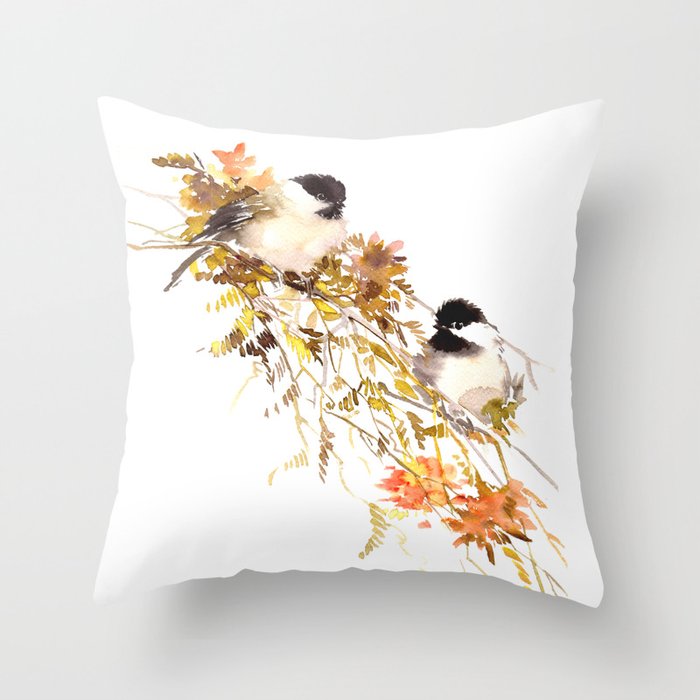 Chickadee bird art, design, chickadees artwork Throw Pillow