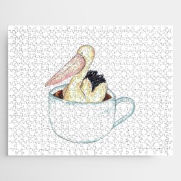 Pelican in tea cup watercolor painting print Jigsaw Puzzle