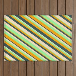 [ Thumbnail: Orange, Dark Slate Gray, Bisque, and Green Colored Lined/Striped Pattern Outdoor Rug ]