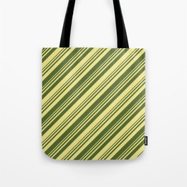 [ Thumbnail: Dark Olive Green & Tan Colored Lined/Striped Pattern Tote Bag ]