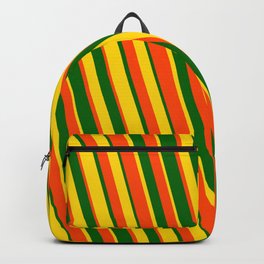 [ Thumbnail: Dark Green, Yellow, and Red Colored Stripes Pattern Backpack ]