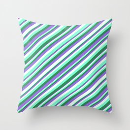 [ Thumbnail: Purple, Mint Cream, Aquamarine & Sea Green Colored Striped Pattern Throw Pillow ]