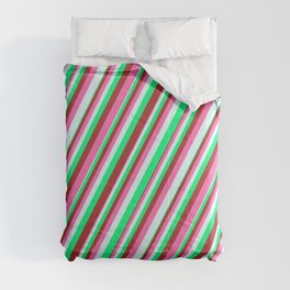 [ Thumbnail: Green, Brown, Hot Pink & Light Cyan Colored Striped Pattern Comforter ]