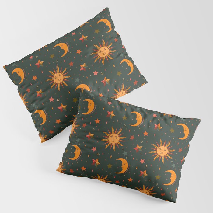 Folk Moon and Star Print in Teal Pillow Sham