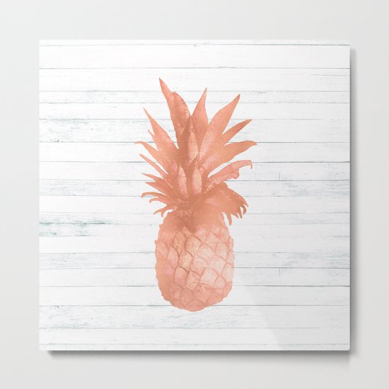 Rose Gold Pineapple on Wood Nautical Decor Metal Print