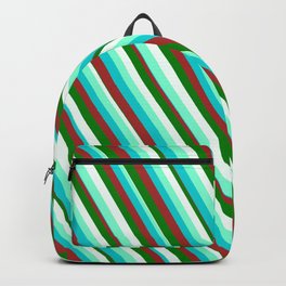 [ Thumbnail: Eyecatching Aquamarine, Dark Turquoise, Brown, Green, and Mint Cream Colored Pattern of Stripes Backpack ]