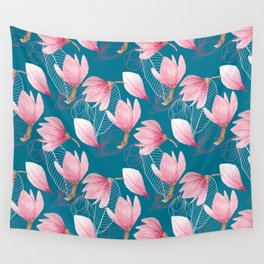 Magnolia pattern with green background Wall Tapestry