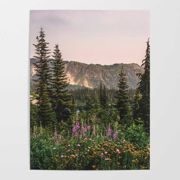 Mount Rainier Wildflower Adventure VII - Pacific Northwest Mountain Forest Wanderlust Poster