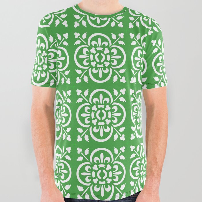 Art Deco Style Fleur De Lis Pattern White On Green All Over Graphic Tee