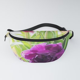 Multicolored tulips in a vase, window on the background Fanny Pack