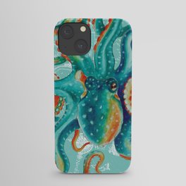 Teal Octopus On Light Teal Vintage Map iPhone Case