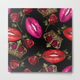 Seamless pattern embroidery lips roses flowers and crown Metal Print