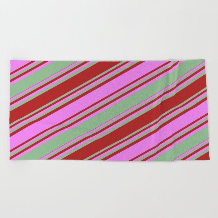 Dark Sea Green, Red, and Violet Colored Stripes Pattern Beach Towel