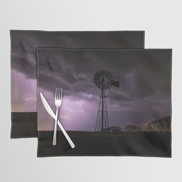 Lightning and Thunder - Storm Clouds Over an Old Windmill on a Stormy Night in Oklahoma Placemat