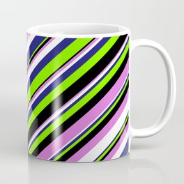 [ Thumbnail: Midnight Blue, Green, Black, Orchid & White Colored Stripes Pattern Coffee Mug ]