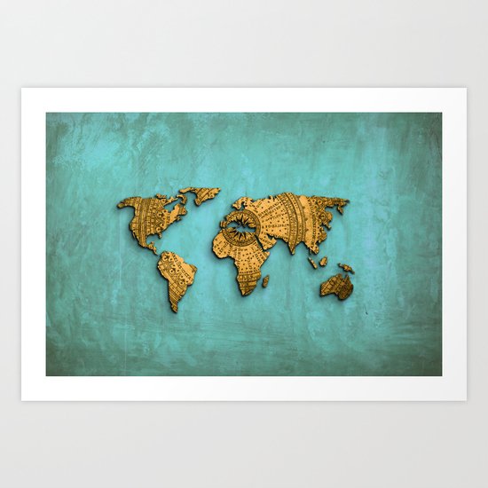 Vintage World Map on Jade Dragon Teal Art Print