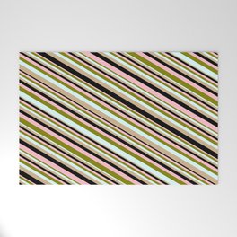 [ Thumbnail: Green, Light Cyan, Tan, Black, and Pink Colored Stripes Pattern Welcome Mat ]