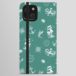 Green Blue And White Silhouettes Of Vintage Nautical Pattern iPhone Wallet Case