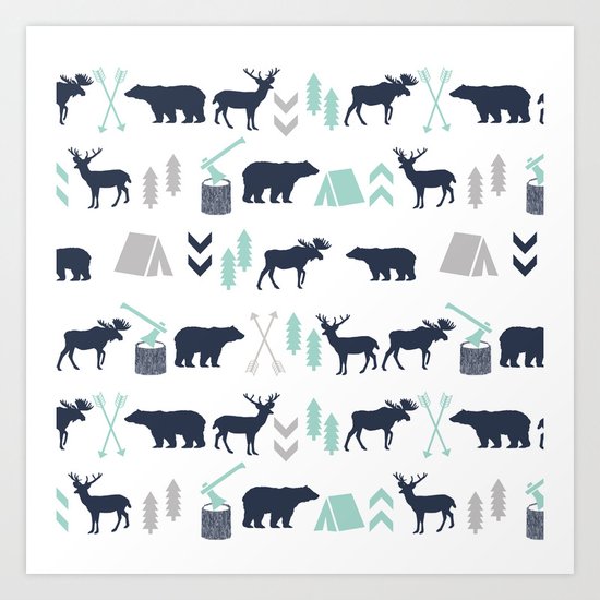 Camper pattern minimal nursery basic grey navy mint white camping cabin chalet decor Art Print