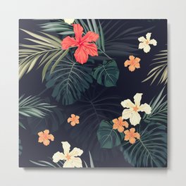 Dark tropical Metal Print | Exotic, Digital, Tropics, Sumer, Pattern, Tree, Hibiscus, Palm, Leaf, Graphicdesign 