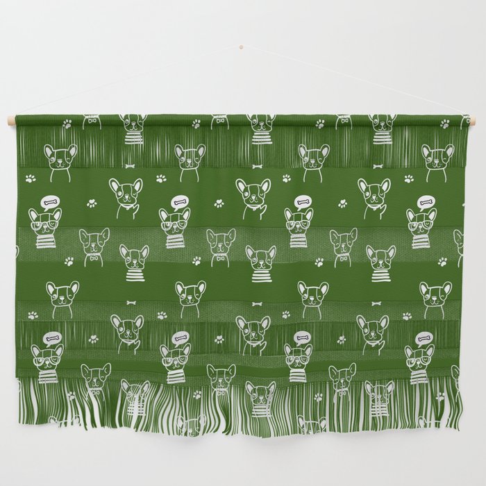 Green and White Hand Drawn Dog Puppy Pattern Wall Hanging