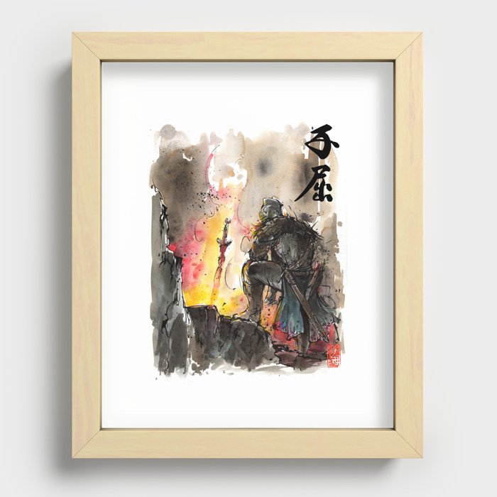 Dark Souls Bonfire with a Warrior Japanese calligraphy Recessed Framed Print