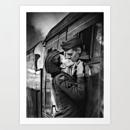 The Kiss - The Last Goodbye - Lovers kissing goodbye through open window on train black and white photograph Art Print