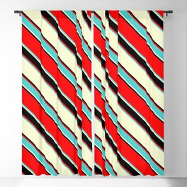 [ Thumbnail: Red, Turquoise, Light Yellow & Black Colored Lined/Striped Pattern Blackout Curtain ]