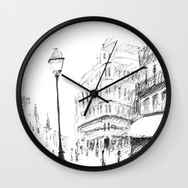 Sketch of a Street in Paris Wall Clock | France, Curated, Drawing, Fineart, Sketch, Paris, Pen, Street, City, Black and White 
