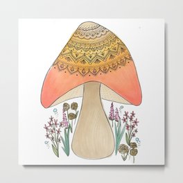 Sunset Shroom Metal Print | Imperfect, Mushroom, Pattern, Floral, Mandala, Handdrawn, Pink, Orange, Fairies, Flowers 