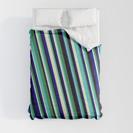 [ Thumbnail: Eyecatching Sea Green, Turquoise, Light Yellow, Dark Blue, and Black Colored Stripes/Lines Pattern Comforter ]