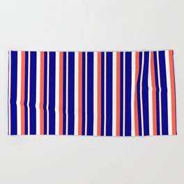 [ Thumbnail: Red, White, and Dark Blue Colored Stripes Pattern Beach Towel ]