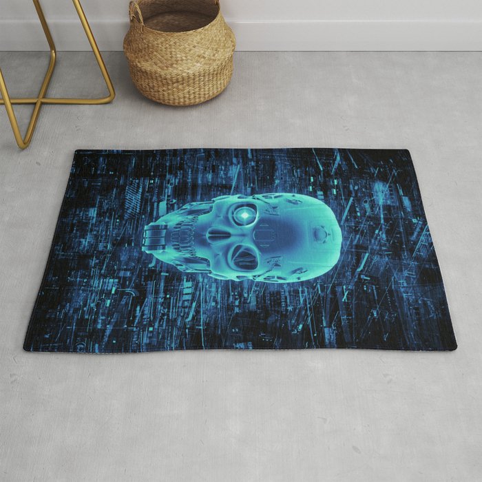 Gamer Skull BLUE TECH / 3D render of cyborg head Rug