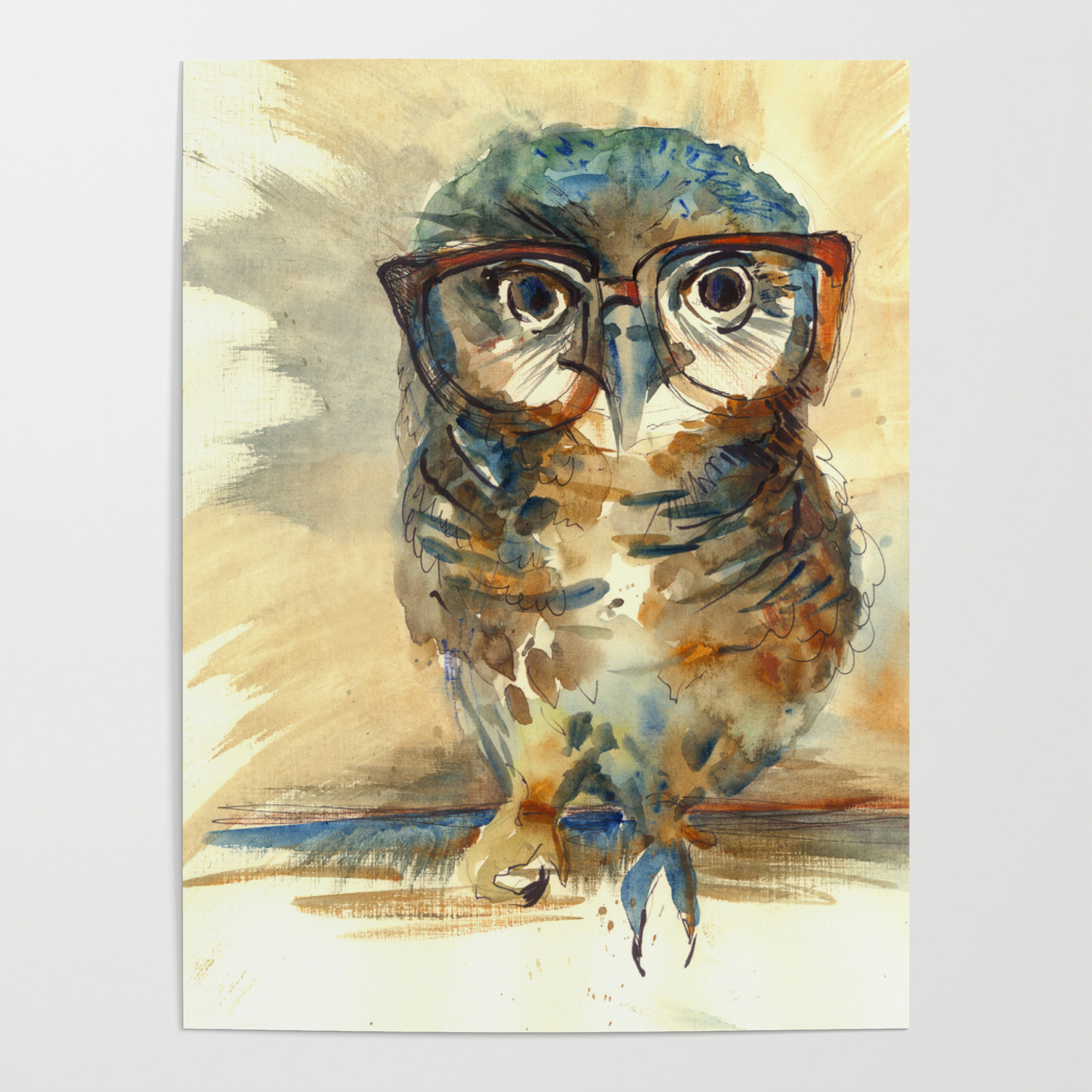 Wise Owl With Big Eyes In Hipster Glasses, Animal Watercolor Painting  Colored Textile Pattern Wallpa Poster by HUMAN GAPS | Society6