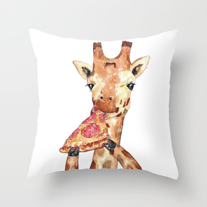 Giraffe pizza watercolor painting Throw Pillow