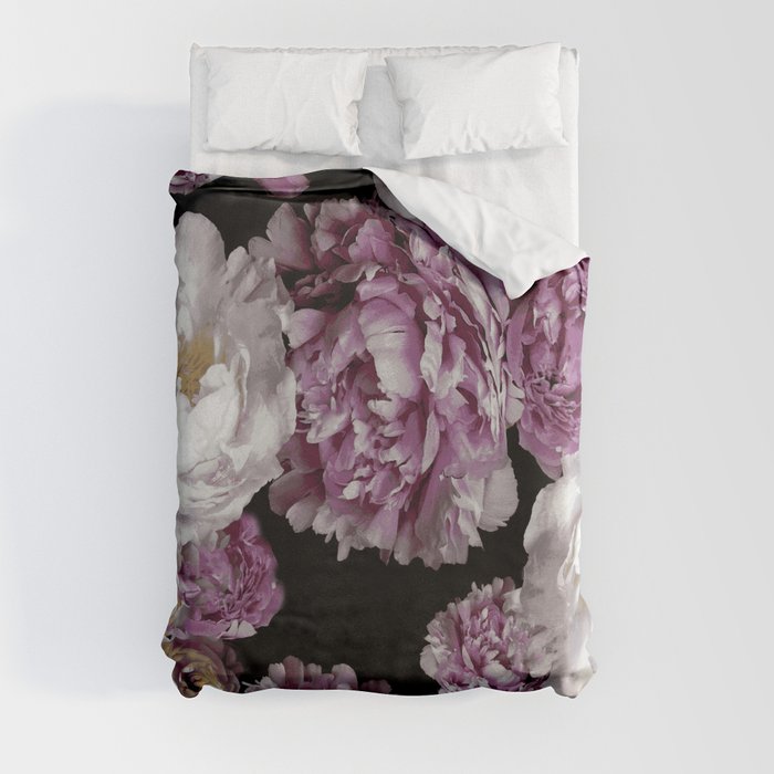 Peony blooms roses moody florals Duvet Cover