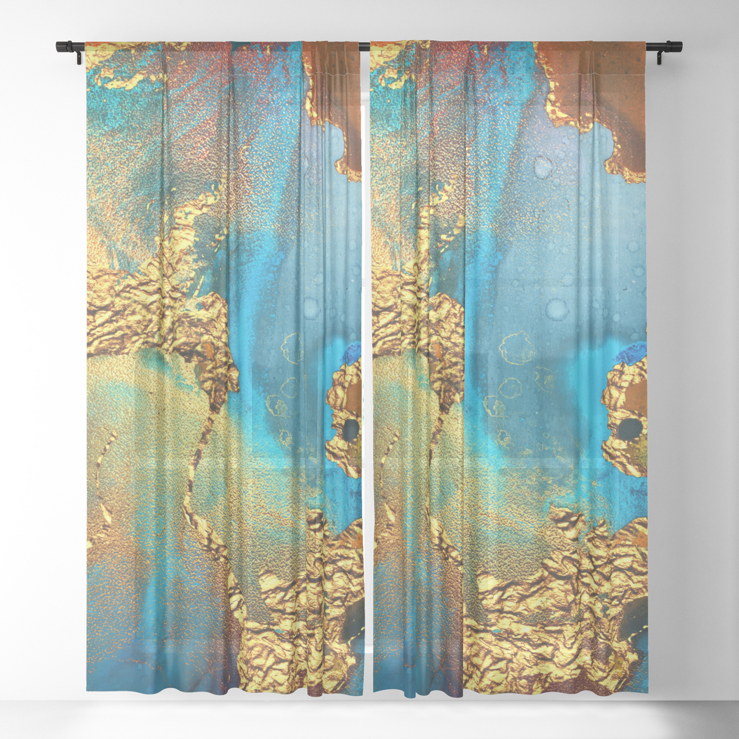 Abstract Glitter Gold And Blue Aqua Painting Sheer Curtain By