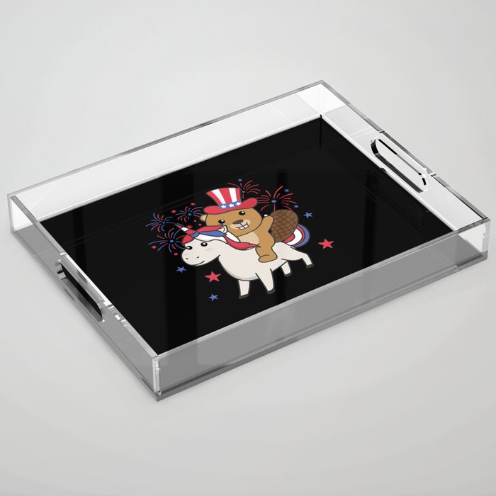 Beaver With Unicorn For Fourth Of July Fireworks Acrylic Tray