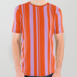 [ Thumbnail: Plum and Red Colored Lined/Striped Pattern All Over Graphic Tee ]