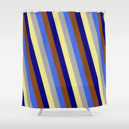 [ Thumbnail: Vibrant Royal Blue, Dark Grey, Tan, Blue, and Brown Colored Lines/Stripes Pattern Shower Curtain ]