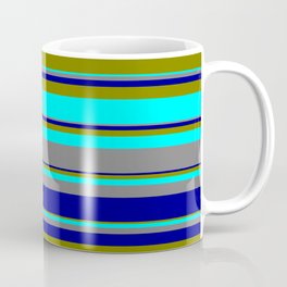 [ Thumbnail: Green, Cyan, Grey, and Dark Blue Colored Striped Pattern Coffee Mug ]