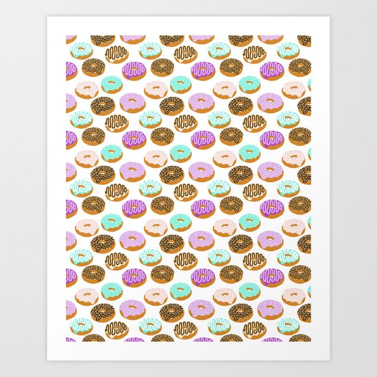 Donuts - junk food treat funny illustration with happy food face doughnuts pastry bakery Art Print